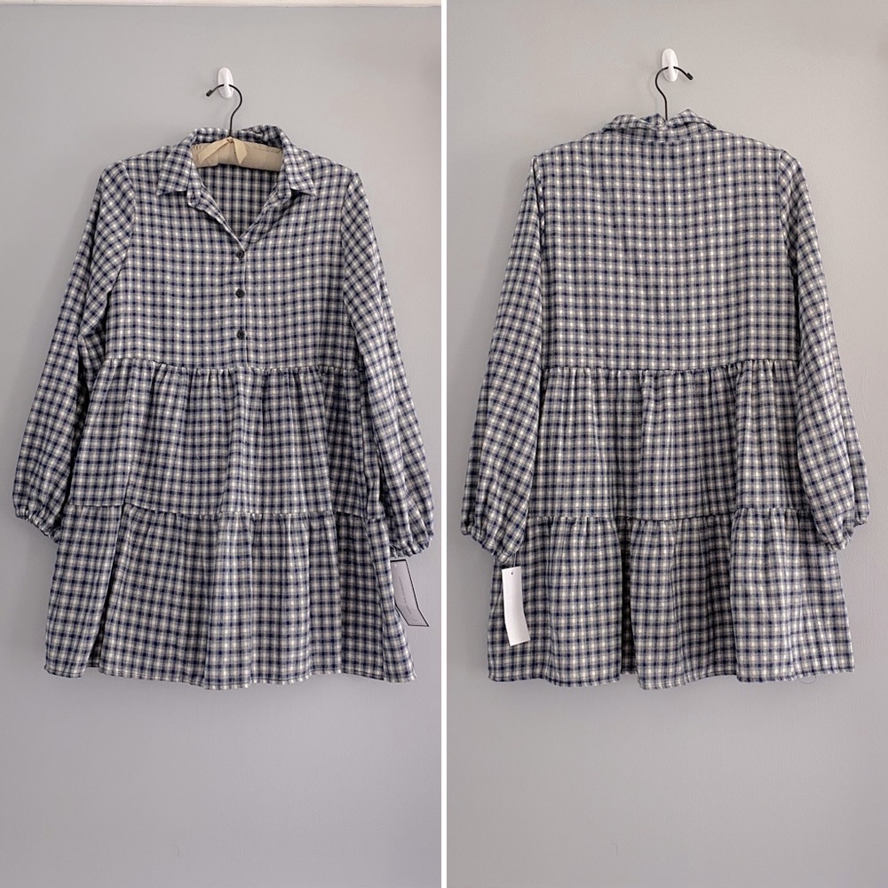 Goodnight macaroon blue white gray checkered plaid long sleeve dress NWT Medium